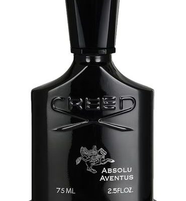 A black bottle of Creed Absolu Aventus fragrance, 75 ml size, with embossed logo and silver text on the front.