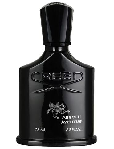 A black bottle of Creed Absolu Aventus fragrance, 75 ml size, with embossed logo and silver text on the front.