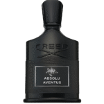 A matte black bottle of Creed Absolu Aventus fragrance with an embossed logo and a white label on the front.