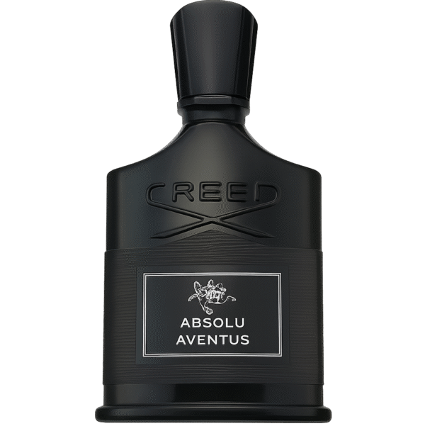 A matte black bottle of Creed Absolu Aventus fragrance with an embossed logo and a white label on the front.