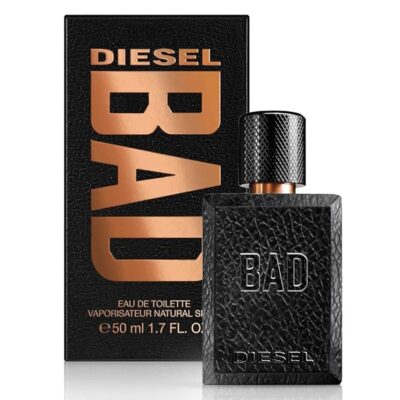 A bottle of Diesel Bad Body Spray for Men, 200ml, is displayed in front of its packaging, both featuring bold copper and black design elements.