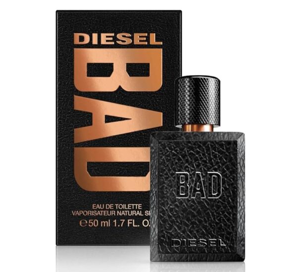 A bottle of Diesel Bad Body Spray for Men, 200ml, is displayed in front of its packaging, both featuring bold copper and black design elements.