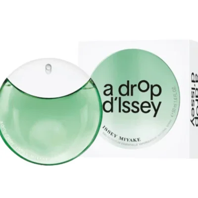 A bottle of Issey Miyake A Drop d'Issey Essentielle EDP for Women, 50ml Spray, is displayed beside its white and green packaging.