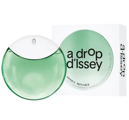 A bottle of Issey Miyake A Drop d'Issey Essentielle EDP for Women, 50ml Spray, is displayed beside its white and green packaging.