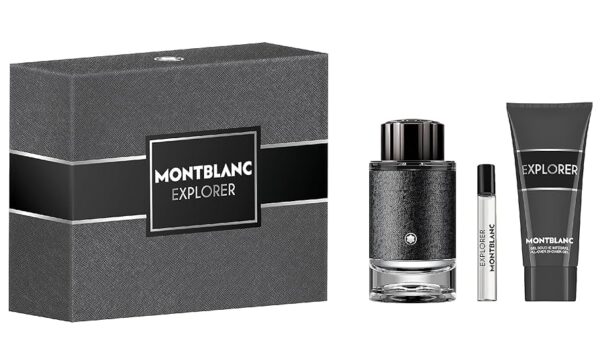 Mont Blanc Explorer Gift Set for Men includes 100ml EDP, 7.5ml travel spray, and 100ml shower gel, all elegantly packaged.