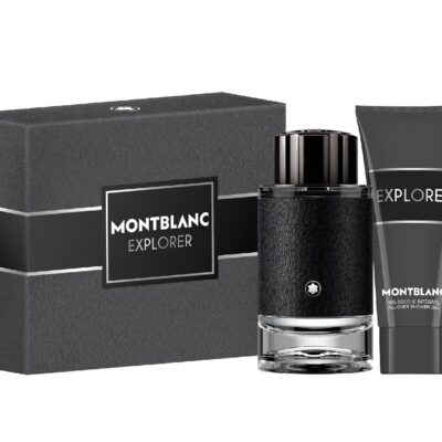 Mont Blanc Explorer Gift Set for Men includes 100ml EDP, 100ml shower gel, and a 7.5ml travel-size EDP, all presented in a sleek black box.
