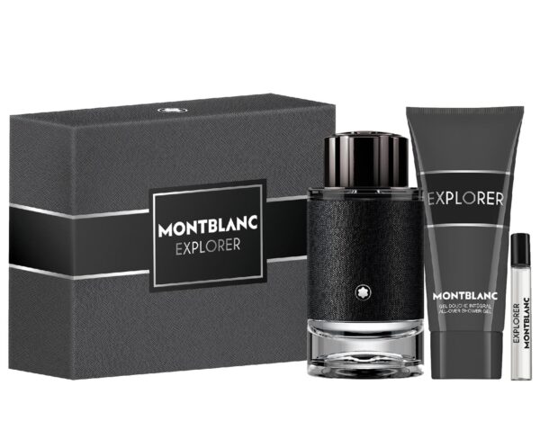 Mont Blanc Explorer Gift Set for Men includes 100ml EDP, 100ml shower gel, and a 7.5ml travel-size EDP, all presented in a sleek black box.