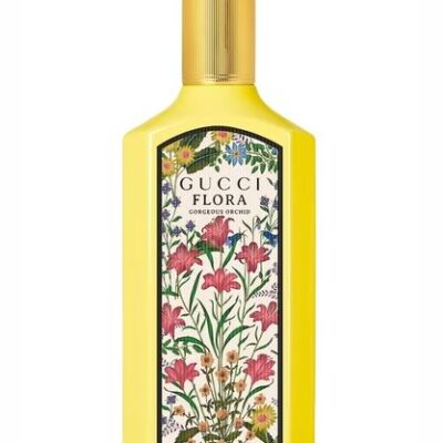 A yellow bottle of Gucci Flora Gorgeous Orchid EDP 100ml Spray for women, featuring a floral label with pink flowers and green stems.