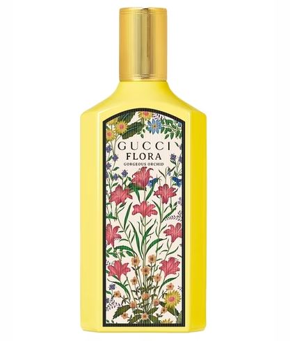 A yellow bottle of Gucci Flora Gorgeous Orchid EDP 100ml Spray for women, featuring a floral label with pink flowers and green stems.