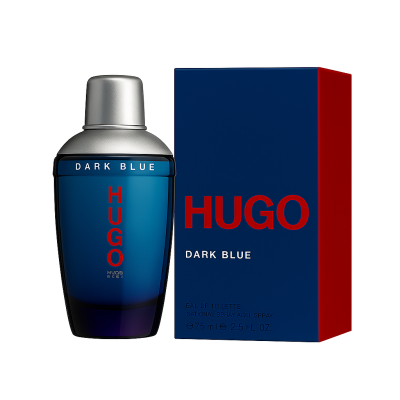 A 75ml spray bottle of Hugo Boss Dark Blue EDT for Men, featuring a blue bottle with a silver cap and a blue box with red lettering.