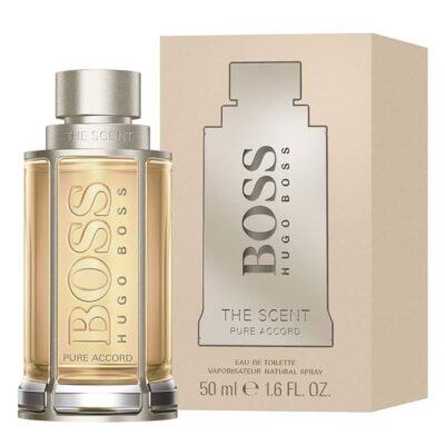 A bottle of Hugo Boss The Scent Pure Accord For Him EDT 50ml Spray is shown beside its beige box, both labeled with the product name and size (50 ml / 1.6 fl. oz).