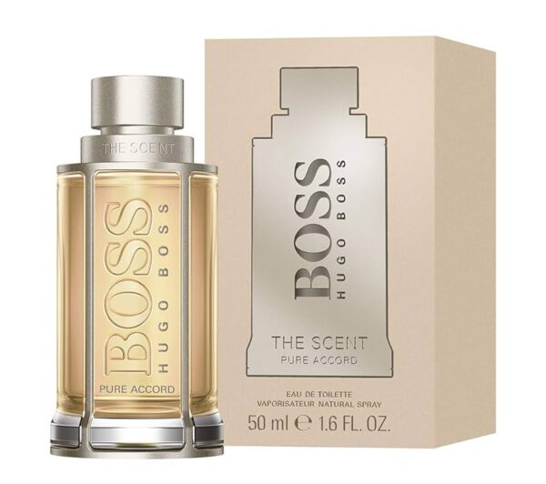 A bottle of Hugo Boss The Scent Pure Accord For Him EDT 50ml Spray is shown beside its beige box, both labeled with the product name and size (50 ml / 1.6 fl. oz).