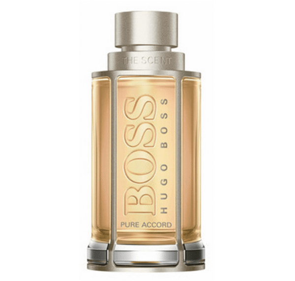A 50ml spray bottle of Hugo Boss The Scent Pure Accord For Him EDT, with clear glass, a silver cap, gold liquid inside, and "BOSS" branding on the front.