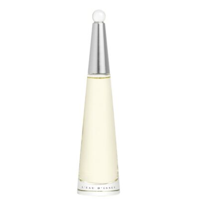 A tall, conical perfume bottle of Issey Miyake L'eau D'issey EDT Spray for Women (100ml) with a silver cap and clear glass revealing light yellow liquid, labeled at the base.