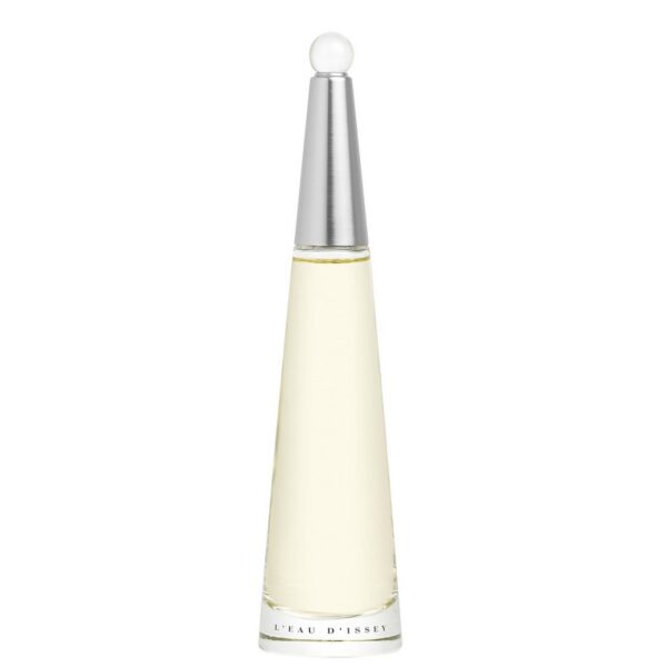 A tall, conical perfume bottle of Issey Miyake L'eau D'issey EDT Spray for Women (100ml) with a silver cap and clear glass revealing light yellow liquid, labeled at the base.
