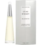 A bottle of Issey Miyake L'eau D'issey EDT Spray for Women, 100ml, stands beside its minimalist white and silver box.