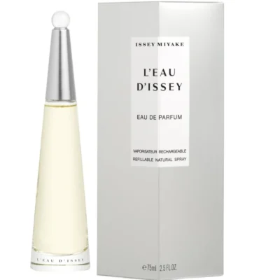 A bottle of Issey Miyake L'eau D'issey EDT Spray for Women, 100ml, stands beside its minimalist white and silver box.
