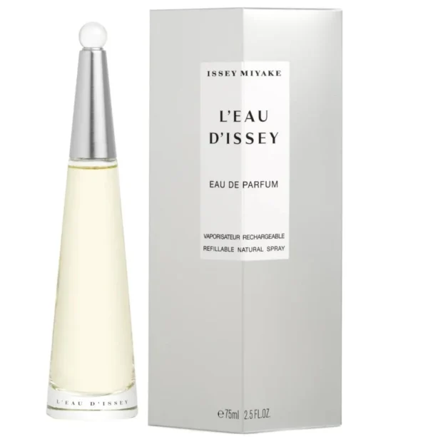 A bottle of Issey Miyake L'eau D'issey EDT Spray for Women, 100ml, stands beside its minimalist white and silver box.