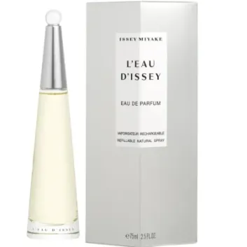 A bottle of Issey Miyake L'eau D'issey EDT Spray for Women, 100ml, stands beside its minimalist white and silver box.