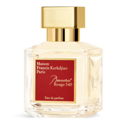A clear glass bottle of Maison Francis Kurkdjian Baccarat Rouge 540 EDP 200ml Spray, Unisex, featuring a gold cap and a red label on the front.