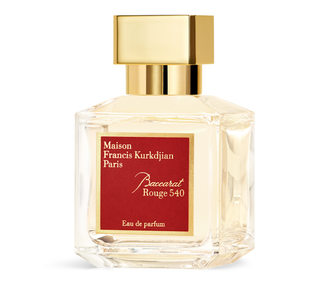 A clear glass bottle of Maison Francis Kurkdjian Baccarat Rouge 540 EDP 200ml Spray, Unisex, featuring a gold cap and a red label on the front.