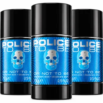 Three cylindrical black 75ml Police To Be (Or Not To Be) Deodorant Stick for Men containers with blue labels featuring a silver skull graphic and text.