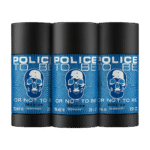 Three 75ml Police To Be (Or Not To Be) Deodorant Sticks for Men are arranged side by side, each with a blue label and white skull graphic, set against a white background.