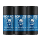 Three 75ml Police To Be (Or Not To Be) Deodorant Sticks for Men are arranged side by side, each with a blue label and white skull graphic, set against a white background.