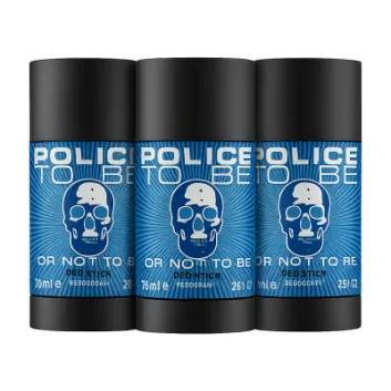 Three 75ml Police To Be (Or Not To Be) Deodorant Sticks for Men are arranged side by side, each with a blue label and white skull graphic, set against a white background.