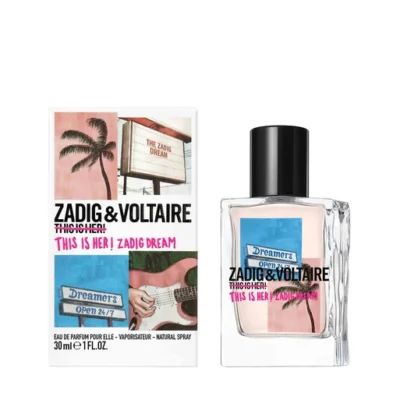 The Zadig & Voltaire This Is Her! Zadig Dream EDP 100ml Spray is displayed beside its box, which features vibrant artwork with palm trees, a guitar, and billboards.