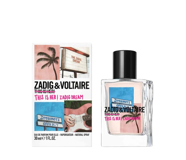 The Zadig & Voltaire This Is Her! Zadig Dream EDP 100ml Spray is displayed beside its box, which features vibrant artwork with palm trees, a guitar, and billboards.