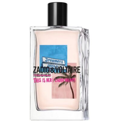 A rectangular bottle labeled "Zadig & Voltaire This Is Her! Zadig Dream EDP 100ml Spray" features a beach and palm tree design on the front.