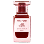 A 50ml red glass bottle of Tom Ford Lost Cherry Eau de Parfum Spray, featuring a square cap and white front label.