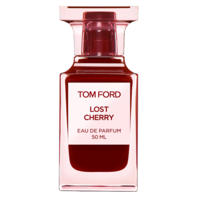 A 50ml red glass bottle of Tom Ford Lost Cherry Eau de Parfum Spray, featuring a square cap and white front label.