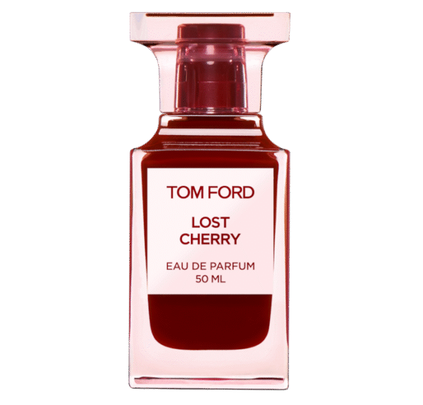 A 50ml red glass bottle of Tom Ford Lost Cherry Eau de Parfum Spray, featuring a square cap and white front label.