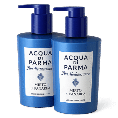 Two blue bottles of 2x Acqua di Parma Blu Mediterraneo Mirto di Panarea Hand & Body Lotion 300ml, Unisex, are displayed on a white background.