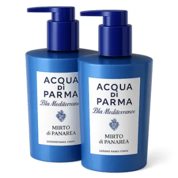 Two blue bottles of 2x Acqua di Parma Blu Mediterraneo Mirto di Panarea Hand & Body Lotion 300ml, Unisex, are displayed on a white background.