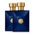 Two rectangular dark blue Versace Pour Homme Dylan Blue Deodorant Spray bottles for men, 100ml each, with gold caps and medallions, displayed against a plain white background.