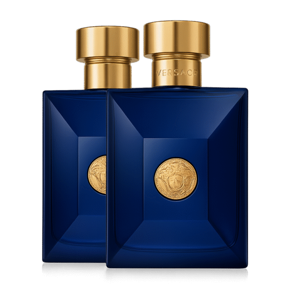 Two rectangular dark blue Versace Pour Homme Dylan Blue Deodorant Spray bottles for men, 100ml each, with gold caps and medallions, displayed against a plain white background.