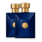Two rectangular dark blue Versace Pour Homme Dylan Blue Deodorant Spray bottles for men, 100ml each, with gold caps and medallions, displayed against a plain white background.