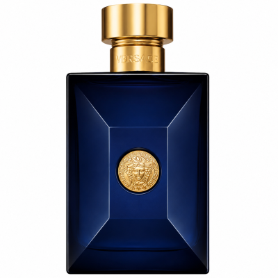 A blue rectangular bottle of Versace Pour Homme Dylan Blue Deodorant Spray for Men, 100ml, featuring a gold cap and a Medusa emblem on the front, photographed on a white background.