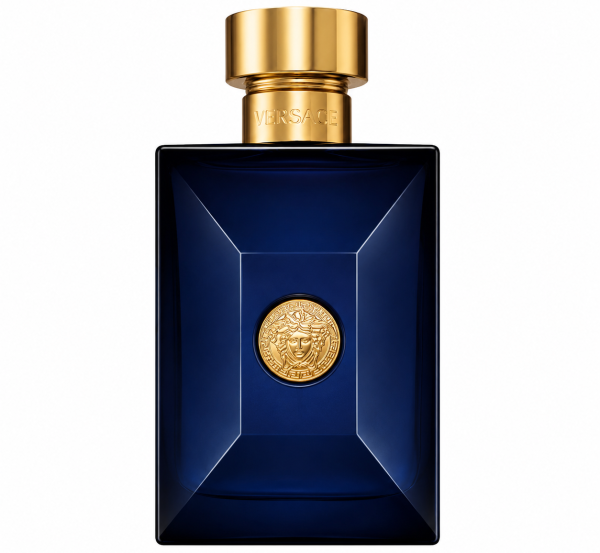 A blue rectangular bottle of Versace Pour Homme Dylan Blue Deodorant Spray for Men, 100ml, featuring a gold cap and a Medusa emblem on the front, photographed on a white background.