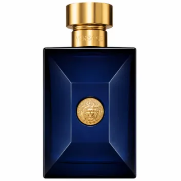 A blue rectangular bottle of Versace Pour Homme Dylan Blue Deodorant Spray for Men, 100ml, featuring a gold cap and a Medusa emblem on the front, photographed on a white background.