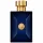 A blue rectangular bottle of Versace Pour Homme Dylan Blue Deodorant Spray for Men, 100ml, featuring a gold cap and a Medusa emblem on the front, photographed on a white background.