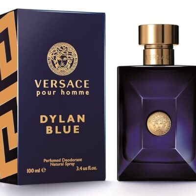 Two 100ml bottles of Versace Pour Homme Dylan Blue Deodorant Spray for Men are placed beside their matching blue and gold boxes.