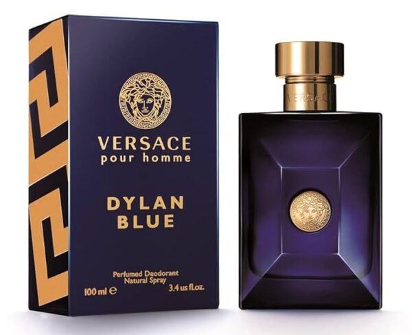 Two 100ml bottles of Versace Pour Homme Dylan Blue Deodorant Spray for Men are placed beside their matching blue and gold boxes.