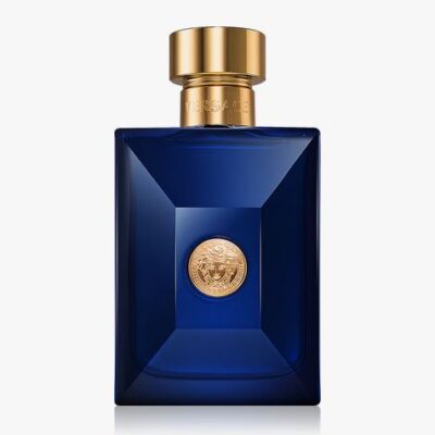 A set of two Versace Pour Homme Dylan Blue Deodorant Sprays for Men (100ml each), featuring blue rectangular bottles with gold caps and a gold Medusa emblem on the front.