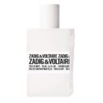 A white rectangular perfume bottle labeled "Zadig & Voltaire This is Her EDP Spray for Women, 50ml" in bold black text.