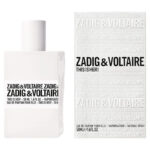 A 50ml bottle and box of Zadig & Voltaire This is Her EDP Spray for Women, showcasing minimalist white packaging with black text.