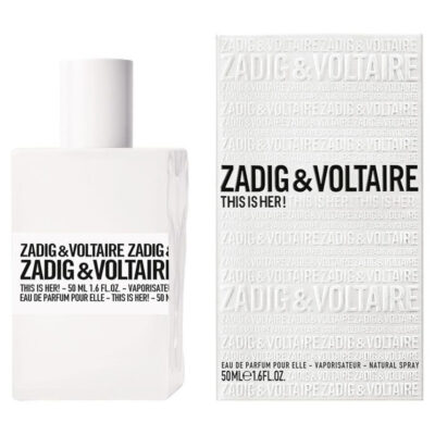 A 50ml bottle and box of Zadig & Voltaire This is Her EDP Spray for Women, showcasing minimalist white packaging with black text.